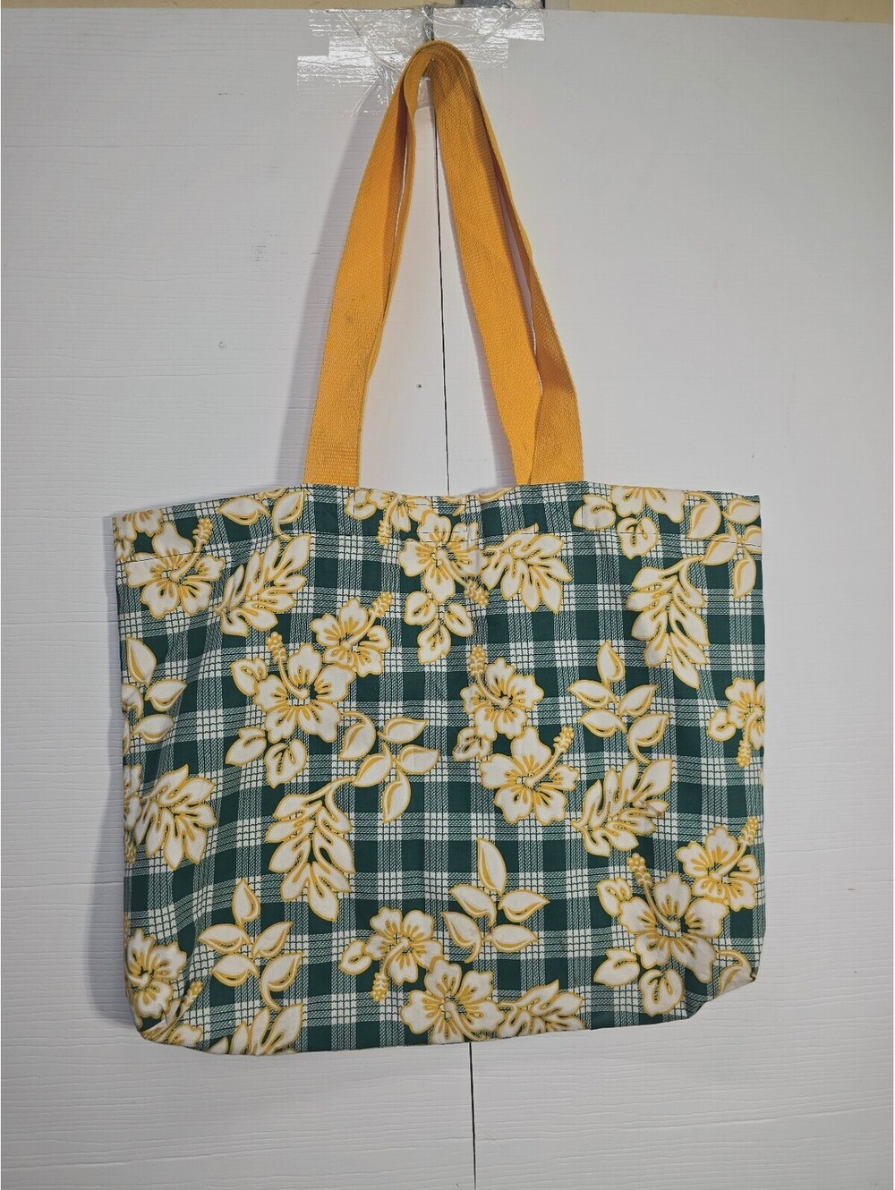 Hawaiian Tropical Hibiscus Floral Gingham Canvas Tote Bag Yellow Green